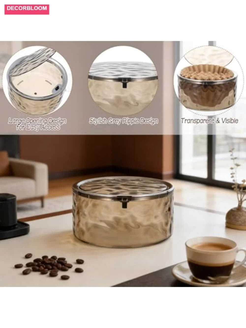 Coffee Filter Holder with Push-Button Lid, Gray Acrylic Storage Container,